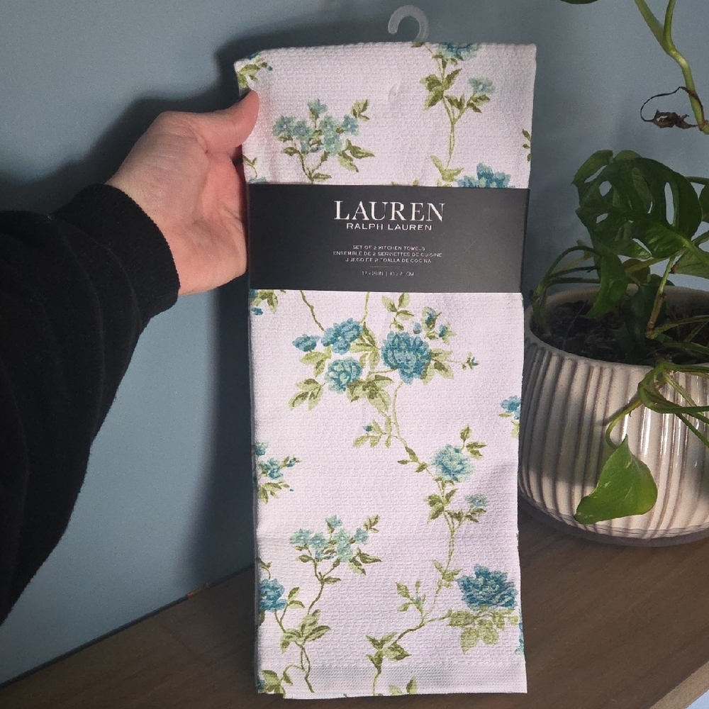 Lauren Ralph Lauren White Floral Kitchen Towels with Blue and Green Blooms